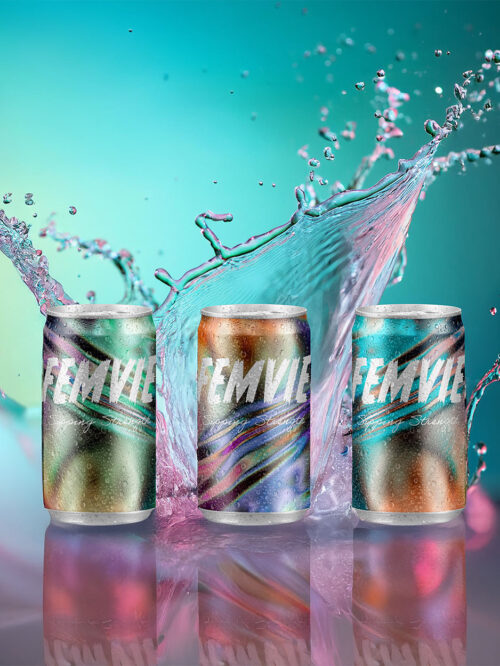 Trio of Femvie cans with different pastel gradient designs — brand photos by Paradis Socials