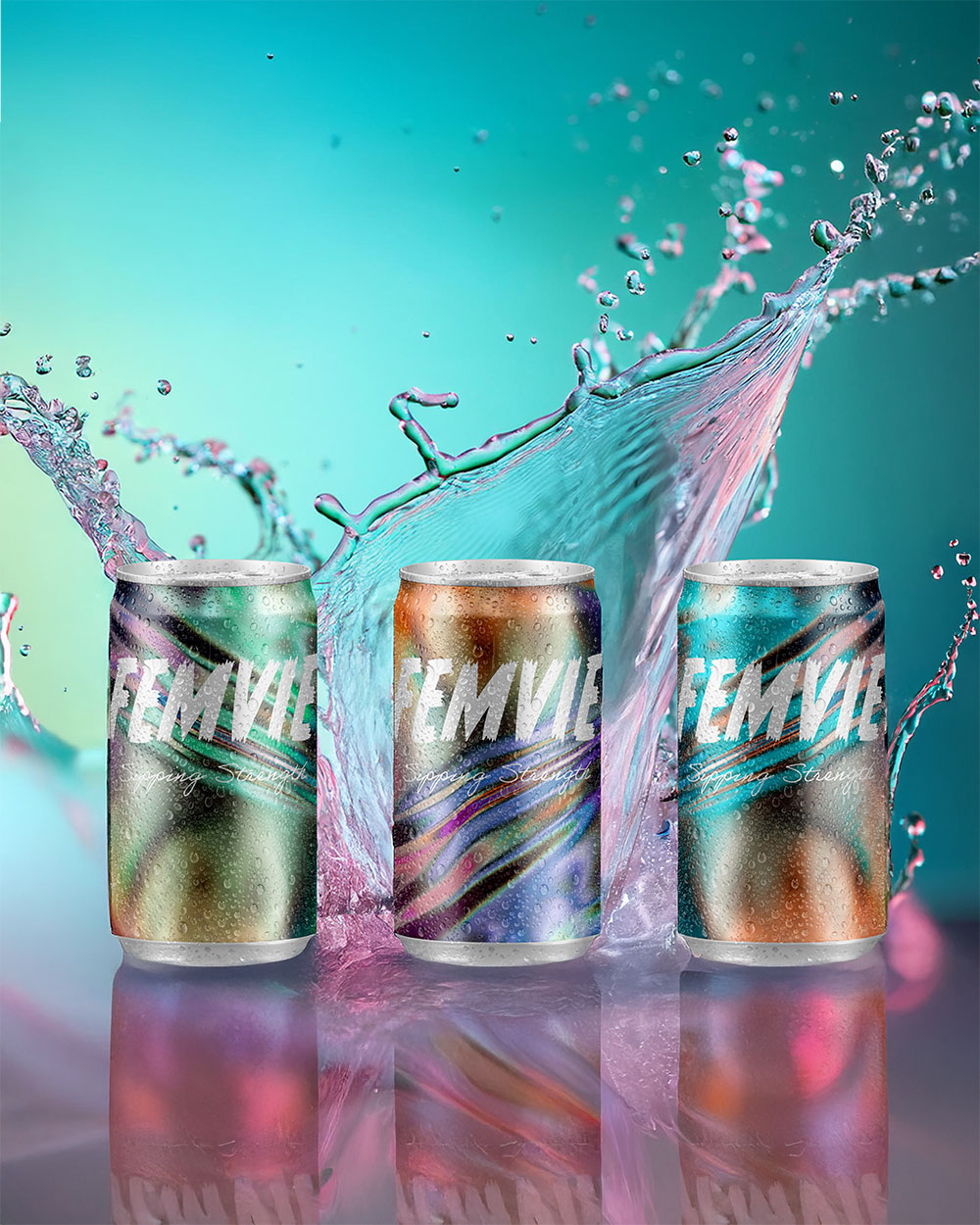 Trio of Femvie cans with different pastel gradient designs — brand photos by Paradis Socials
