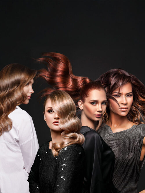 Group of four models with varied hair colors and textures showcasing L'Oréal MENA hair color range — styled and captured by Paradis Socials