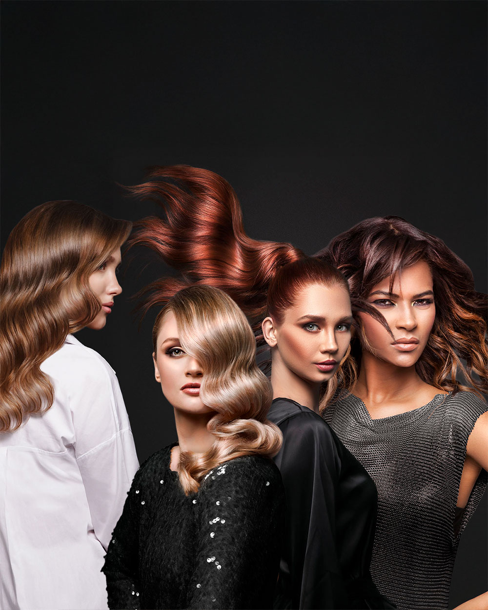 Group of four models with varied hair colors and textures showcasing L'Oréal MENA hair color range — styled and captured by Paradis Socials