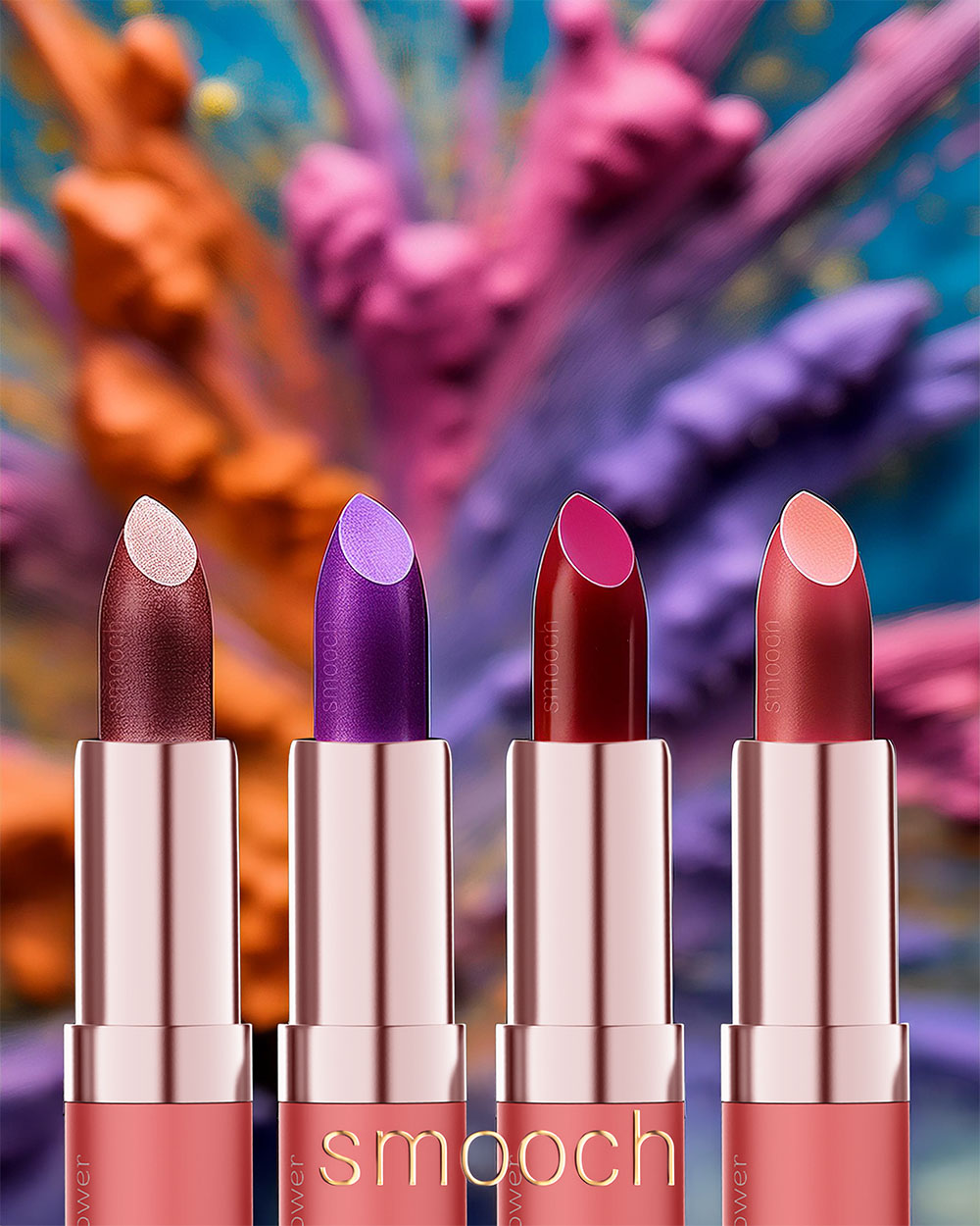 Lipstick showcased with a dramatic explosion of vibrant pigment in the background, highlighting bold color intensity.