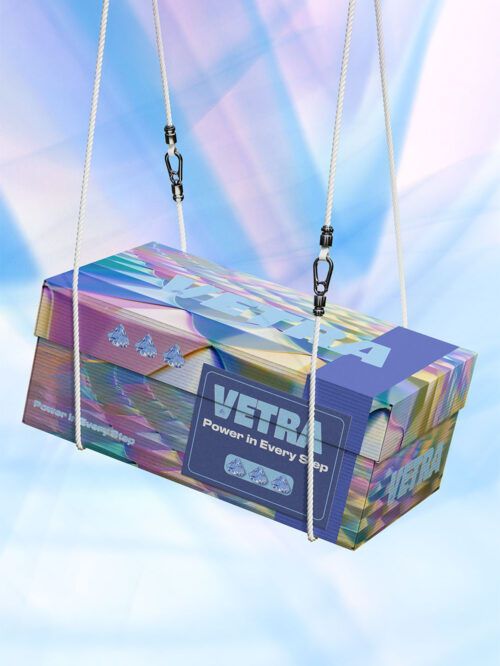 Close-up of the Vetra box design with diamond logo and tagline visible — branding by Paradis Socials