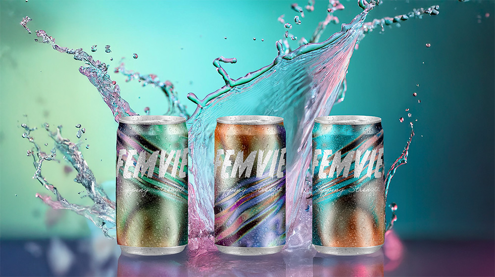 All of Femvie's Energy Drinks with water splashing in the background - branding and product shot by Paradis Socials - paradissocials.com